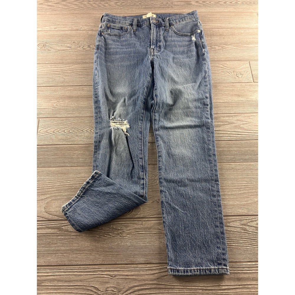 Madewell Mid-Rise Perfect Vintage Jean Distressed Straight Leg Blue Denim 28